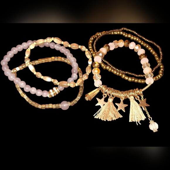 Lot of beaded bracelets stretchy goldtone lilac brushed polished metal acrylic - Picture 2 of 9